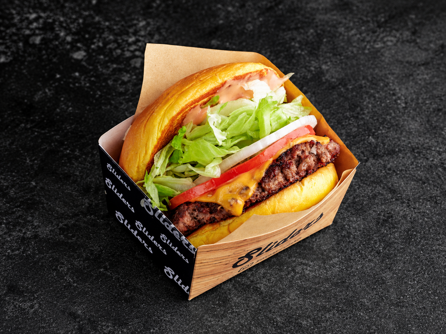 Sliders beef burger in its original branded holder