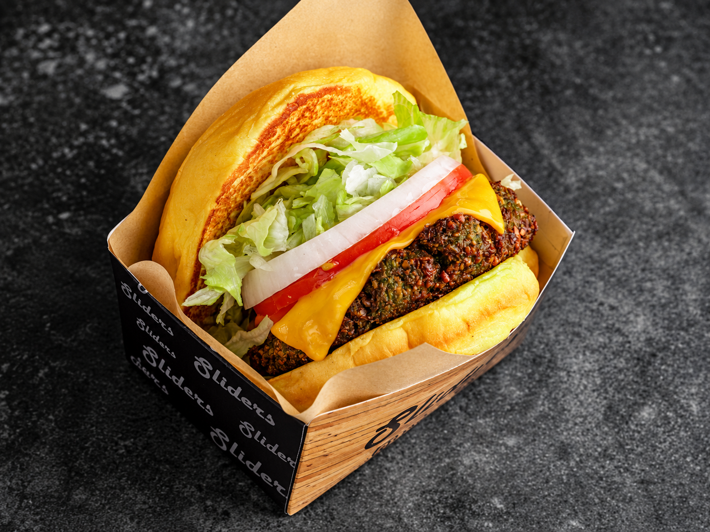 Sliders falafel burger in original branded holder